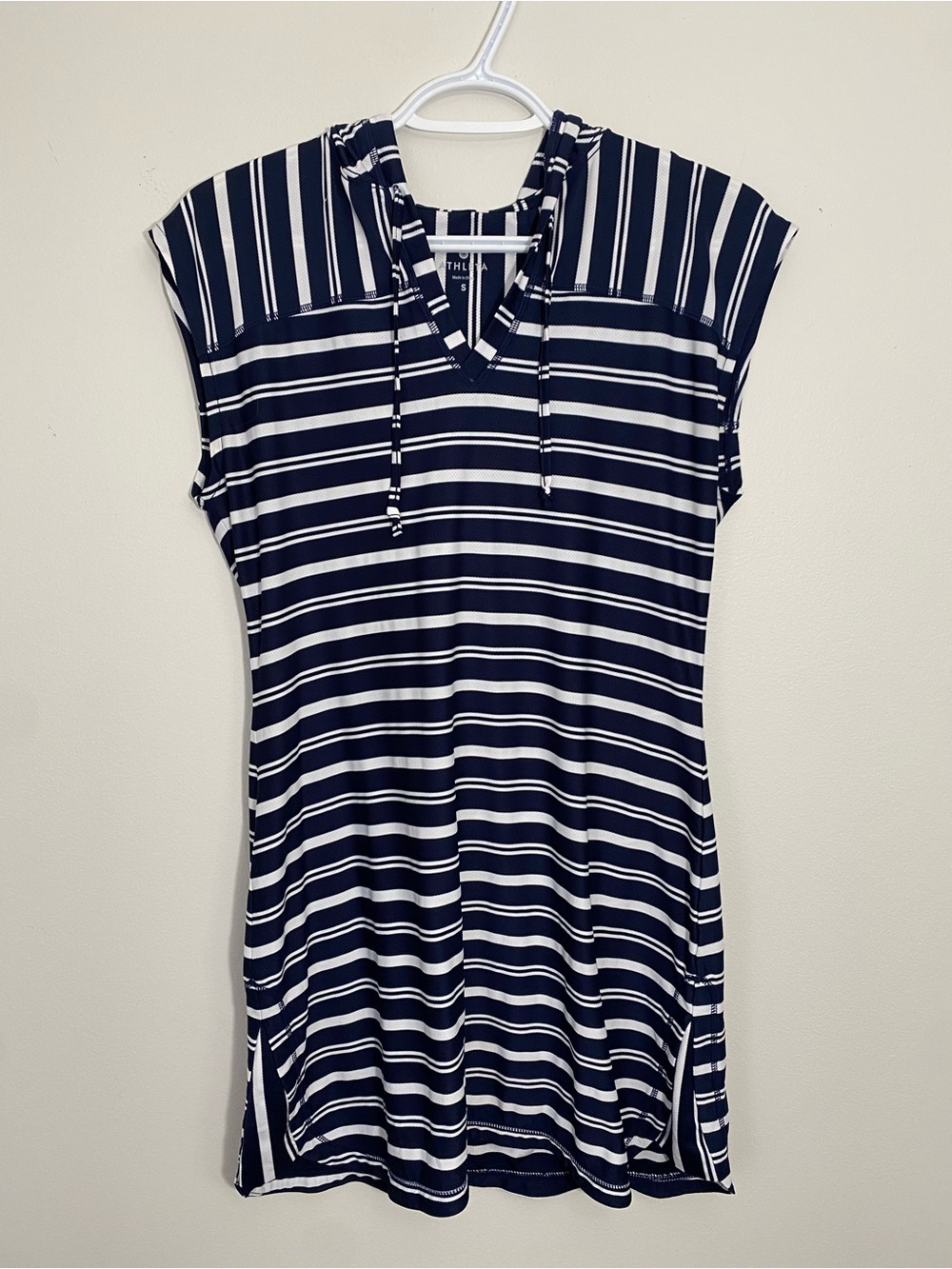 Athleta Dress Navy and White Striped V-Neck & Hooded Small